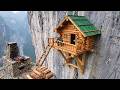 Building Bushcraft Shelter on the Cliff. Solo survival, cooking, Overnight