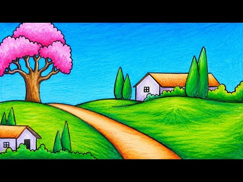 How To Draw Easy Village Scenery On A Hill | Drawing Easy Village Scenery With Oil Pastel