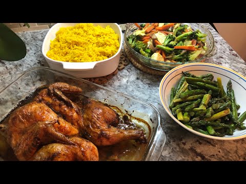 How to make turmeric rice/yellow rice baked chicken and stir fried vegetables
