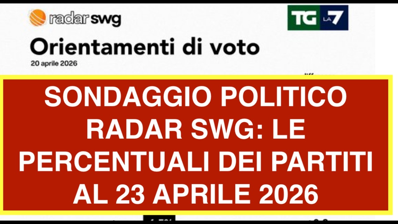 SONDAGGIO POLITICO RADAR SWG: LE PERCENTUALI DEI PARTITI AL 23 APRILE 2026