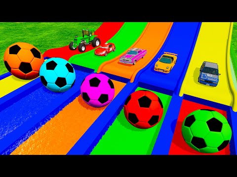 Cars vs Portal Trap With Slide Colors - Double Flatbed Long Trailer Truck Rescue Cars - BeamNG.Drive