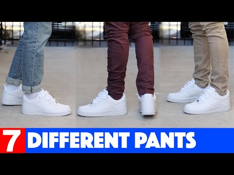 Nike Air Force 1 on feet with 7 different pants