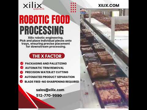 Xilix Systems robotic pick and place waterjet cut brownies onto trays for packaging