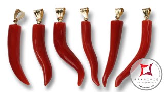 Play Video Nuova Collezione Set 12 cornetti piccoli portafortuna Corallo rosso design napoletano in Oro 18K