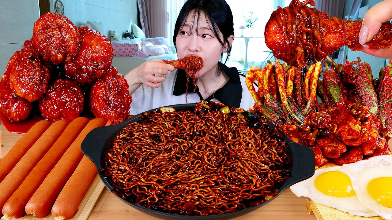 ASMR MUKBANG| 직접 만든 짜파게티 양념치킨 소세지 만두튀김 먹방 & 레시피 FRIED CHICKEN AND BLACK BEAN NOODLES EATING