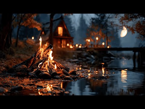 Magical Autumn Forest Ambience ✨With Crackling Fire & Flowing Water Sounds ASMR for Sleep