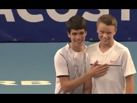 Young Carlos Alcaraz and Holger Rune playing together doubles
