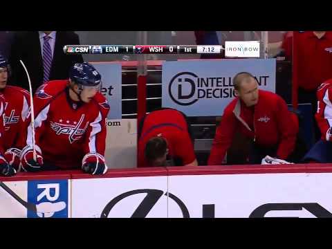 Mike Green misses a check and goes head first into his bench! October 14, 2013