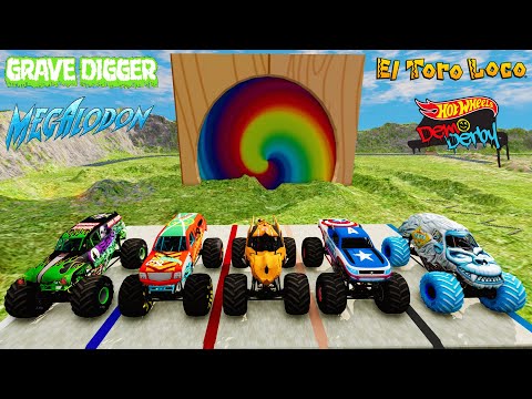 Grave Digger, Demo Derby Monster Trucks Vs Portal Challenge Epic Jumps & Freestyle