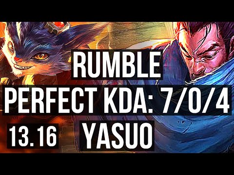 RUMBLE vs YASUO (MID) | 7/0/4, 73% winrate, Godlike | KR Master | 13.16