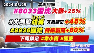 【量子戰情室】#陳武傑0329 本周回顧#8033雷虎 大賺+25%#大飆股2317鴻海又狠賺它+45%#8936國統持續創高+80%；下周鎖定#韋小寶#麗臺 (圖)