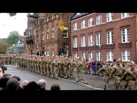 17/10/2013 homecoming parade 2 Scots marching past town hall Penicuik