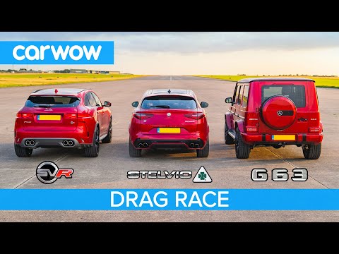 AMG G63 v  F-Pace SVR v Stelvio QV – DRAG RACE, ROLLING RACE & BRAKE TEST Video