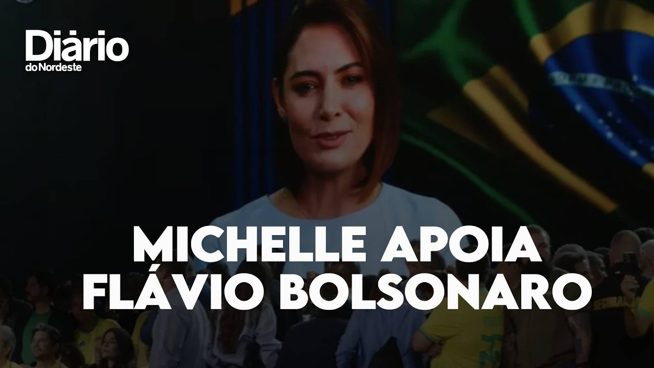 Imagem da notícia Em convenção do PL, Michelle cita ausência de Jair Bolsonaro e apoia Flávio: 'Deus te dê sabedoria'