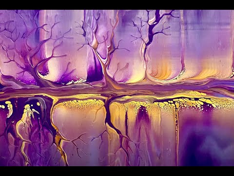 "Violet Sky' Large Canvas * Acrylic Pouring * Fluid Art * Tree Swipe Tutorial