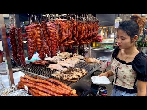 Cambodian street food at Olympic Local Market - Tasty Delicious Grilled Duck, Pork ribs & fish
