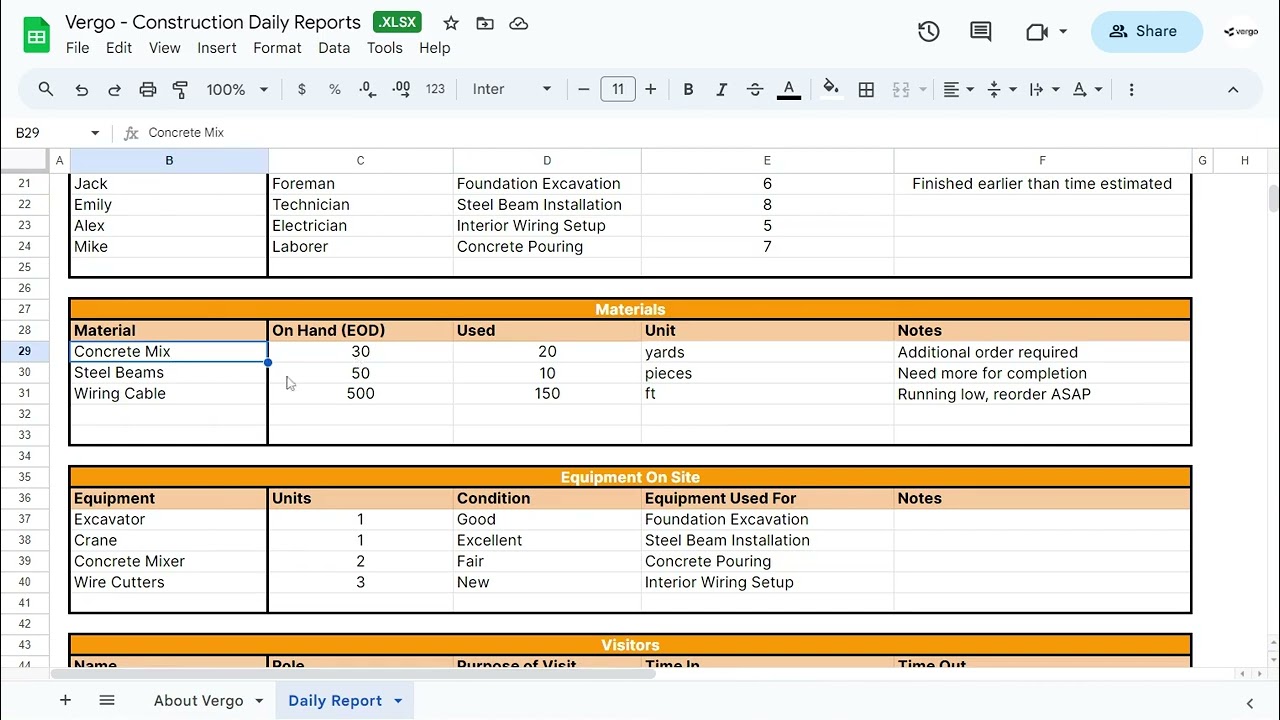 Vergo Construction Daily Reports Template in Google Sheets