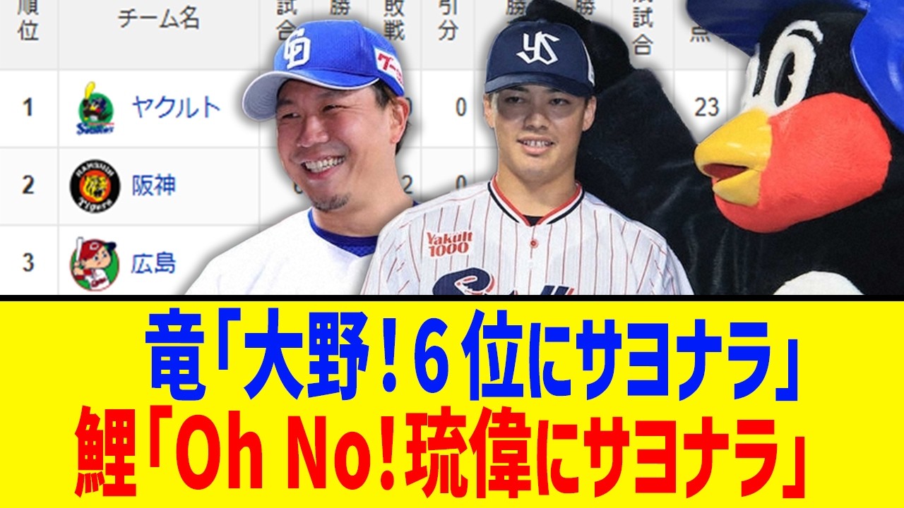【4月2日】最新セリーグ順位表 ～竜「大野！6位にサヨナラ」鯉「Oh No！琉偉にサヨナラ」～