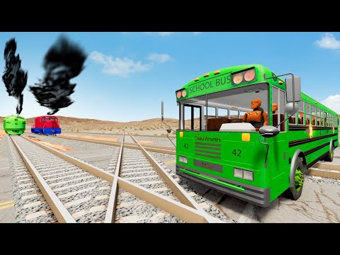 Trains vs Lava Crossing Road and Double Rails Tractor Rescue Stuck Cars and Buses 05 - BeamNG.Drive