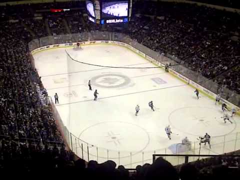 Jets fans chant "Let's Go Blue Jays" during the Jets/Leafs game at the MTS centre