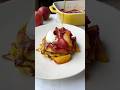 lemon cottage cheese pancakes with roasted peaches and strawberries with mascarpone and maple syrup