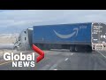 High winds blow Amazon delivery truck off the road in Colorado