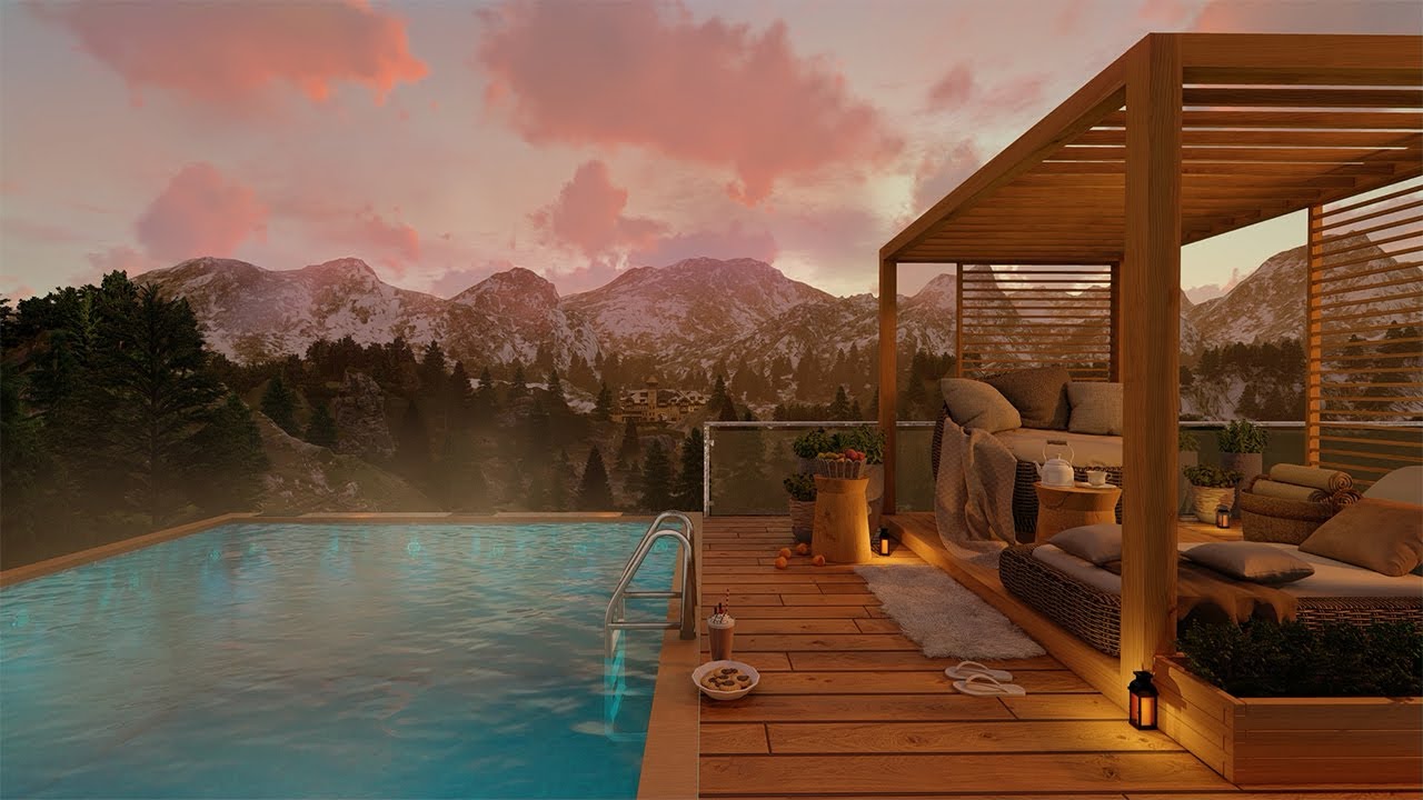 Poolside Swiss Alps Sunset Ambience 🌄 Relax By The Pool At Sunset, Overlooking Snow-Capped Mountains