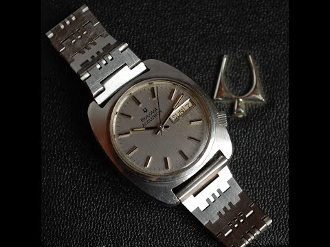 1974 Bulova Accutron men's vintage electronic watch with lined dial.