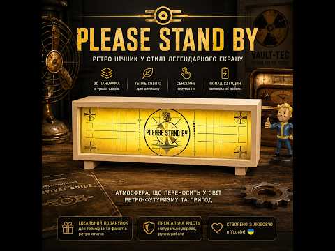 3D ночник Fallout "Please stand by" натуральное дерево (LED, Аккумулятор, USB Type-C) - фото 1 - id-p3109062442
