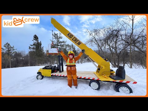 Lifting toilet with kids ride on crane truck at construction site. Educational | Kid Crew