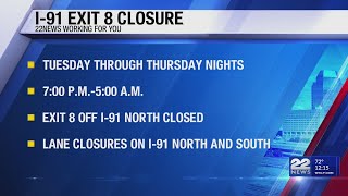 Overnight closure of I-91 northbound exit 8 in Springfield