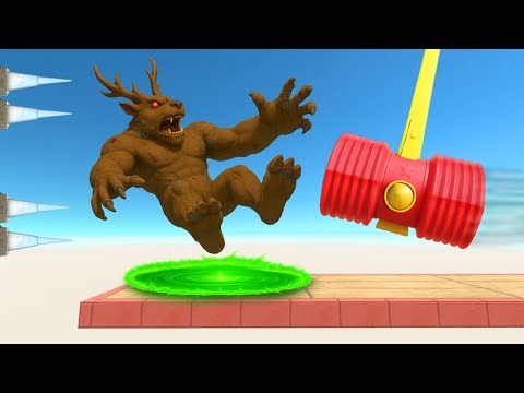 Giant  Red Hammer Crushes Evolution Monsters into Spikes - Animal Revolt Battle Simulator
