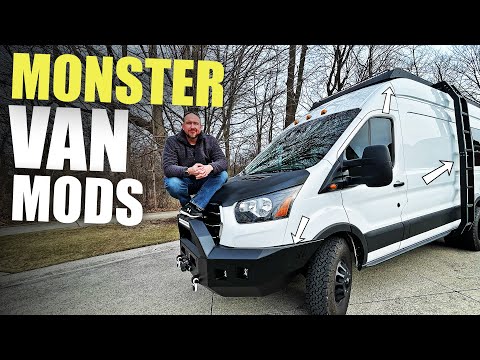 MONSTER Van Mods : Bumper with Bull Bar, DRIFTR Rack, Ladder, Pathfinder Lights, and WARN Winch