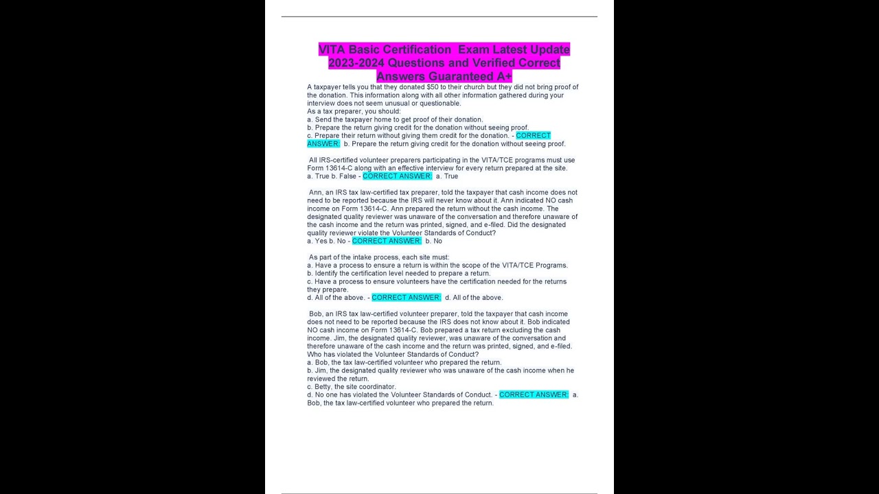 VITA Basic Certification Exam Latest Update Questions and Verified Correct Answers Guaranteed A+