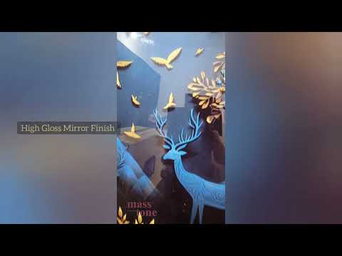 Masstone Reindeer Jungle View Crystal Embedded High Gloss Surface Gold Slim Frame Glass Painting