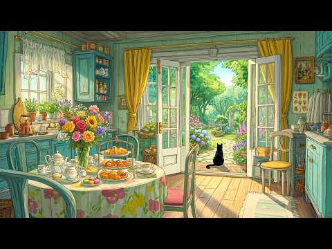 Peaceful Morning in a Cottage Kitchen by Blooming Garden with Classic 1940s Tunes from Another Room