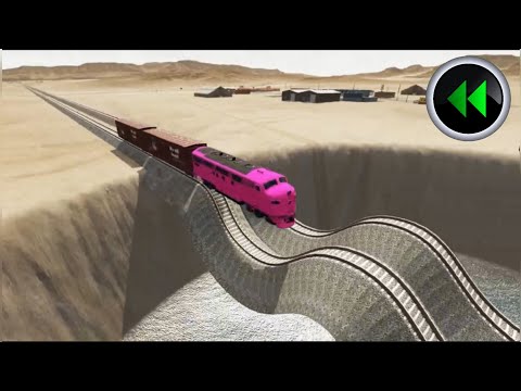 Reverse Trains Crossing Giant Pit vs Impossible Weird Wave Rail Tracks - BeamNG Drive