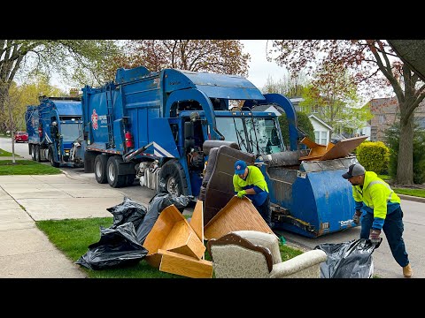 Republic Services Tag Teaming Front Loader Garbage Trucks Packing Bulk at the Spring Cleanup