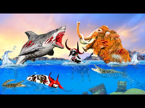 Woolly Mammoth vs Megalodon Attack Cartoon Cow Mammoth Bull Vs Megalodon Epic Battle Compilation
