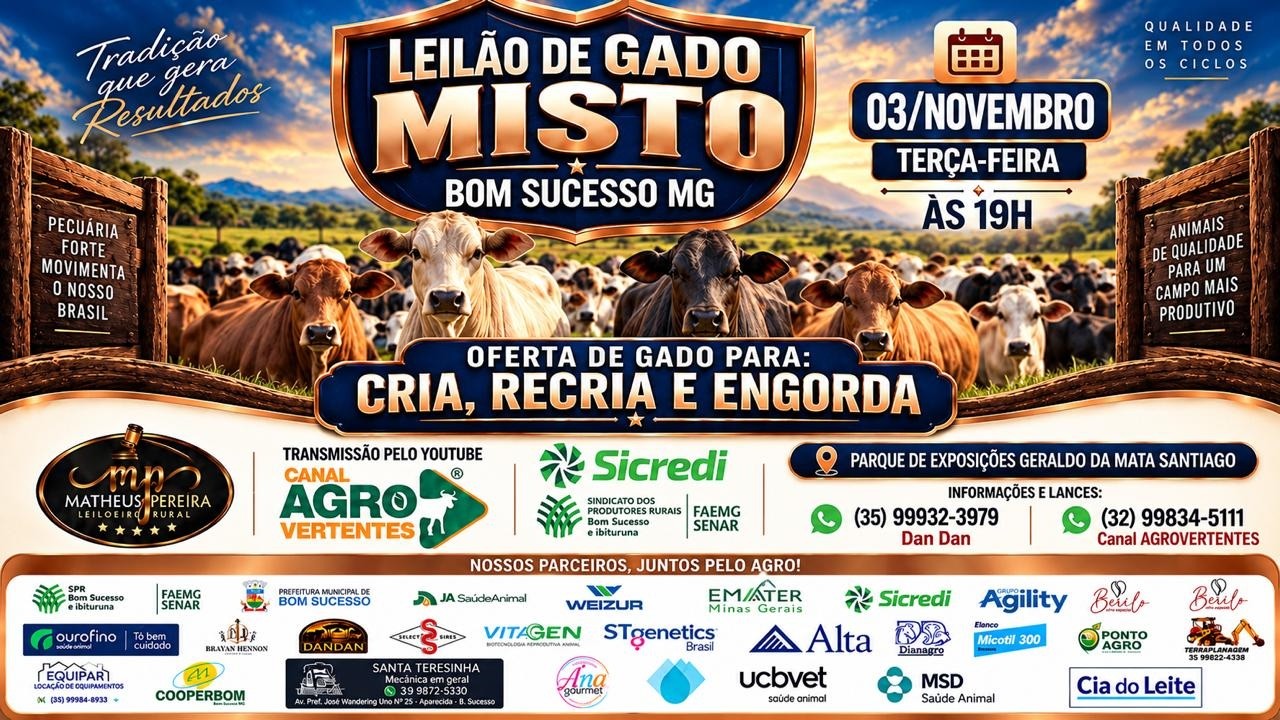 LEILÃO MISTO SINDICATO RURAL DE BOM SUCESSO E IBITURUNA/MG - 03/11/2026