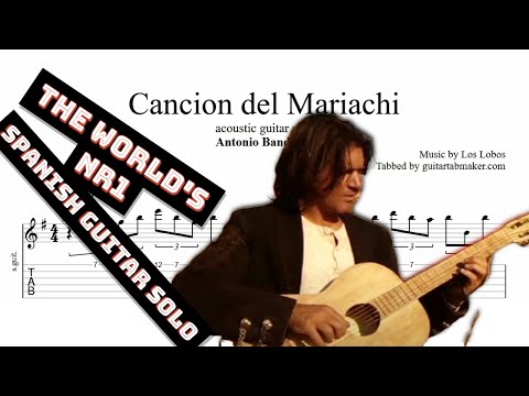 Cancion del Mariachi guitar solo with TAB on screen