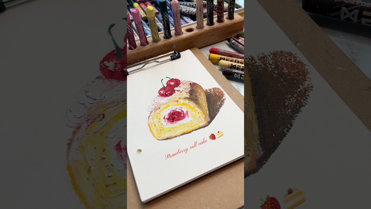 Strawberry roll cake 🍓🍰Would you eat this?Painted in oil pastels ✨
