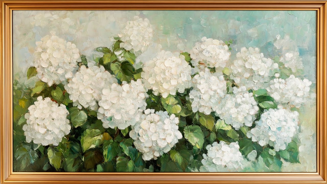 4K Framed TV Art Screensaver | White Hydrangeas 🌸 | Classic Floral Painting