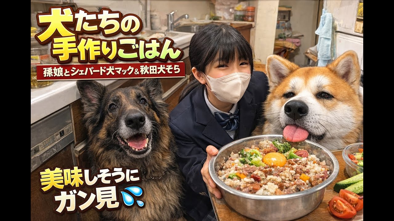 犬たちの手作りごはん・孫娘・シェパード犬マック・秋田犬そら