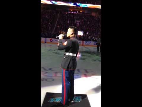 Marine sings U.S.A. National Anthem at San Jose Sharks Game - Cpl. John N. Varkados