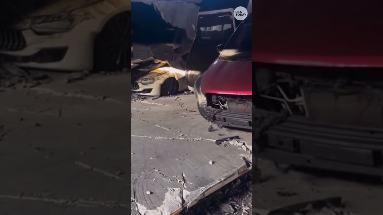 Un estacionamiento se derrumba parcialmente tras el incendio de un automóvil. Vea el aterrador vi...