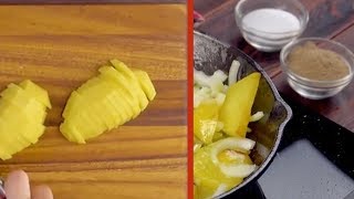 חותכים את חצאי התפוח אדמה לפרוסות וזרקו אותם למחבת. בטוח שלא תוכל לעמוד בפיתוי!