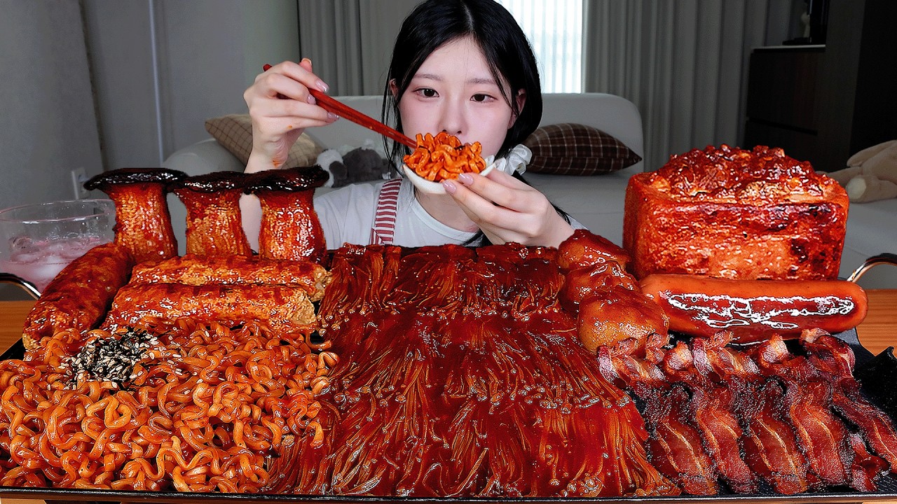 ASMR MUKBANG| 직접 만든 불닭 버섯 통스팸 소세지 먹방 & 레시피 SPICY MUSHROOMS AND FIRE NOODLES EATING