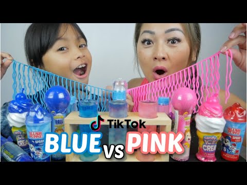 BLUE vs. PINK CANDY *Most Popular Tiktok Magic Potion, Candies Ice cream Candy &amp; Slush Puppies |N.E