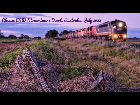Classic EMD Streamliners through Boort Victoria, Australia.